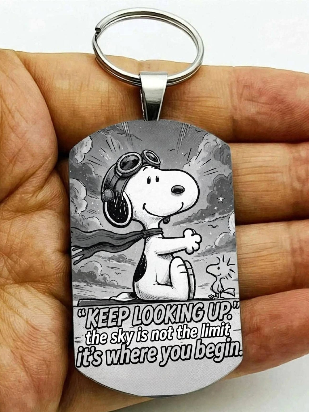 Snoopy "Keep Looking Up" Silver Keychain Charm Inspiration Quote Stainless Steel